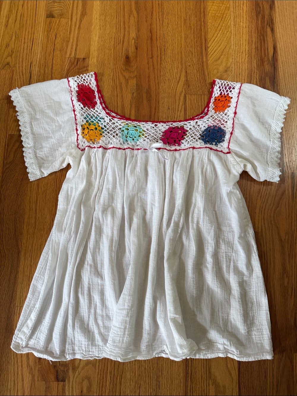 White Embroidered Peasant Blouse with Colorful Crochet Yoke flowers